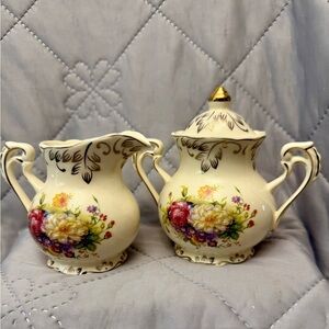 Floral Cream and Sugar Set with Gold Accents By Foraineam